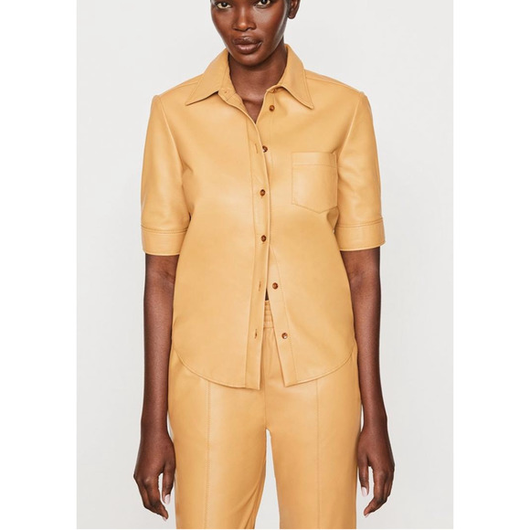 Frame Top Blouse 70S Leather Shirt Butterscotch Beige XS NEW NWT N103